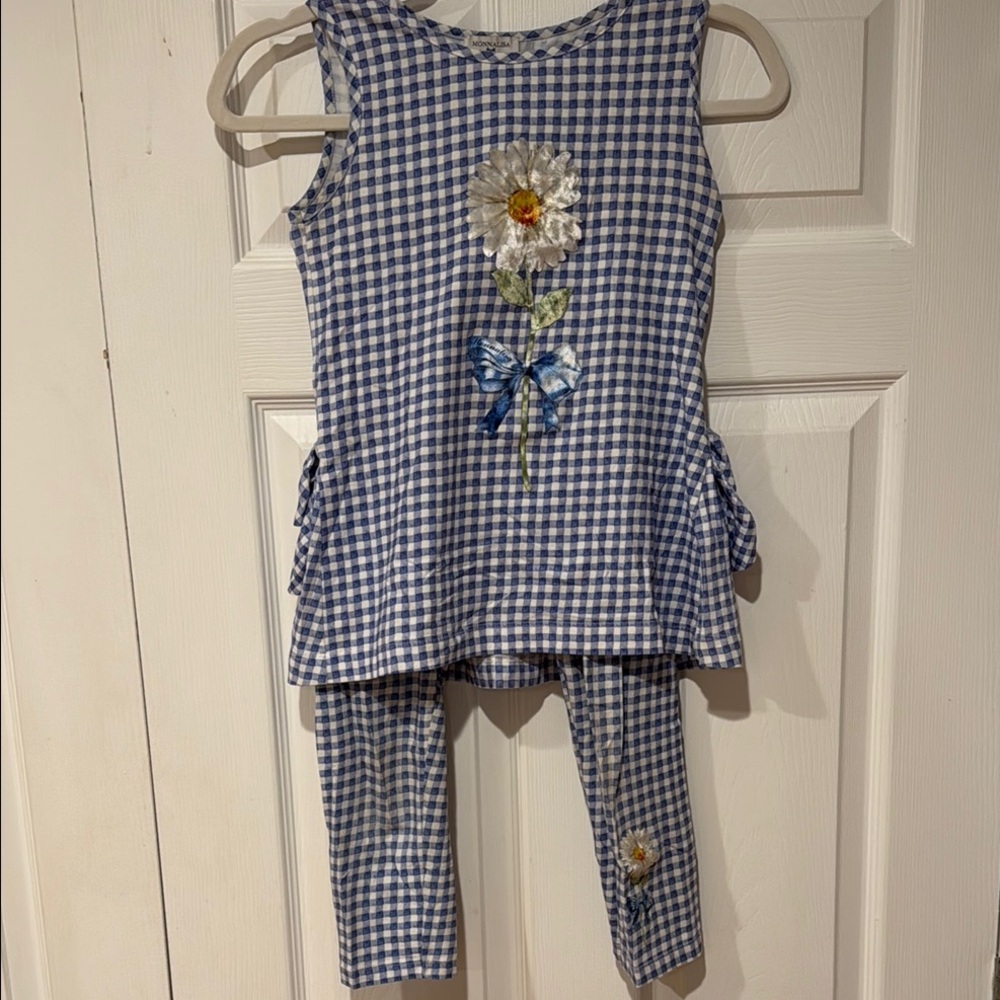 MonnaLisa Blue and White Matching Set with Peplum Top and Full Length Leggings